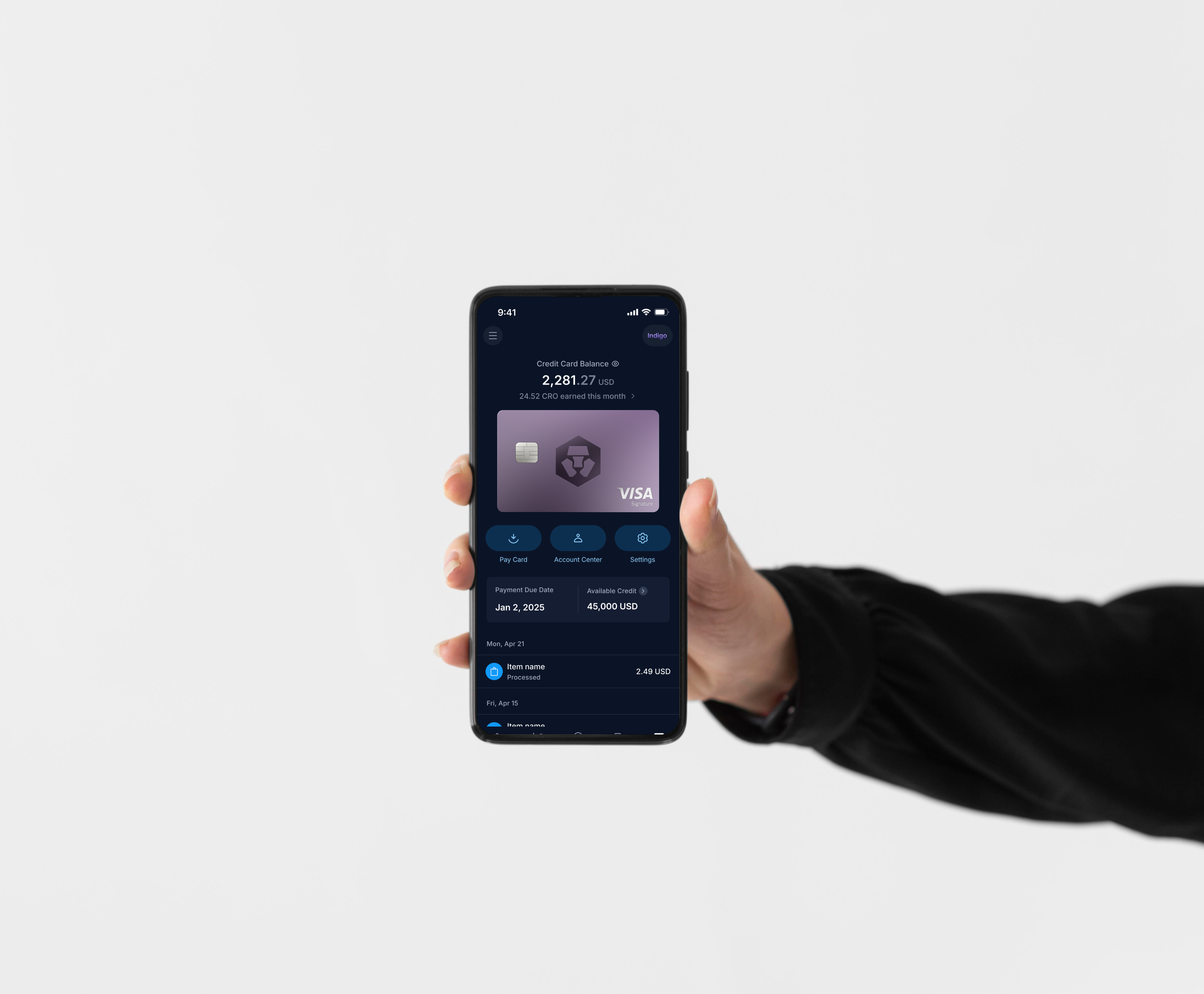 Crypto.com credit card mobile experience shown on a phone.