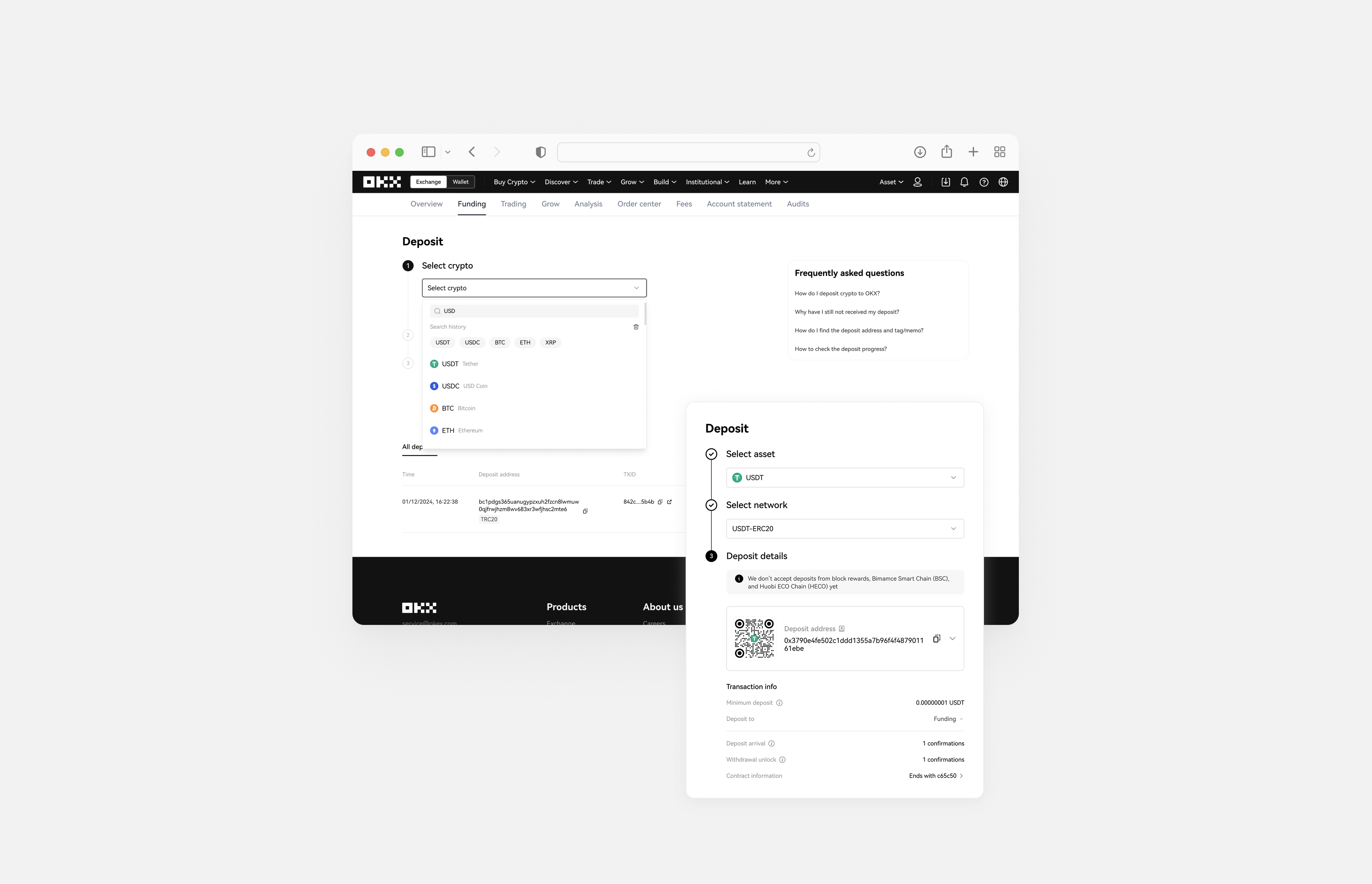 OKX deposit experience interface displayed in a browser.